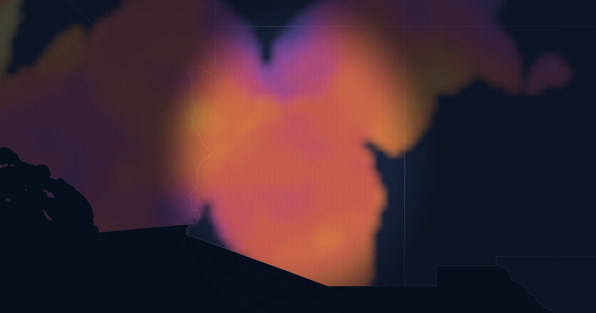 Heatmap of interpolated emergency medicine hourly pay across Arizona. Brighter areas indicate higher rates; unmapped areas have too few reports to show.