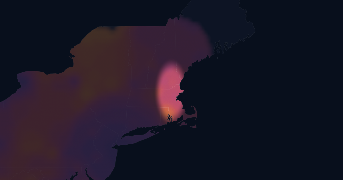 Heatmap of interpolated emergency medicine hourly pay across the Boston metro. Brighter areas indicate higher rates; unmapped areas have too few reports to show.