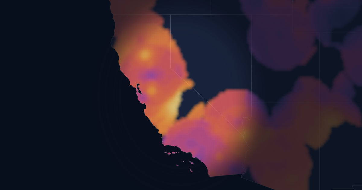 Heatmap of interpolated emergency medicine hourly pay across California. Brighter areas indicate higher rates; unmapped areas have too few reports to show.