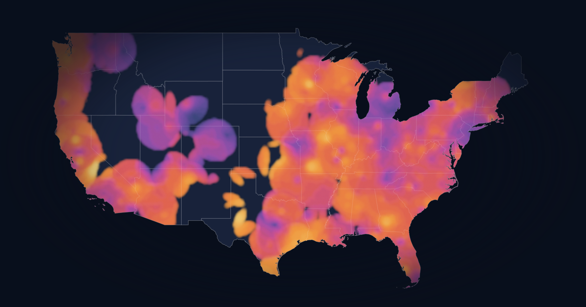 Heatmap of interpolated emergency medicine hourly pay across the United States. Brighter areas indicate higher rates; unmapped areas have too few reports to show.