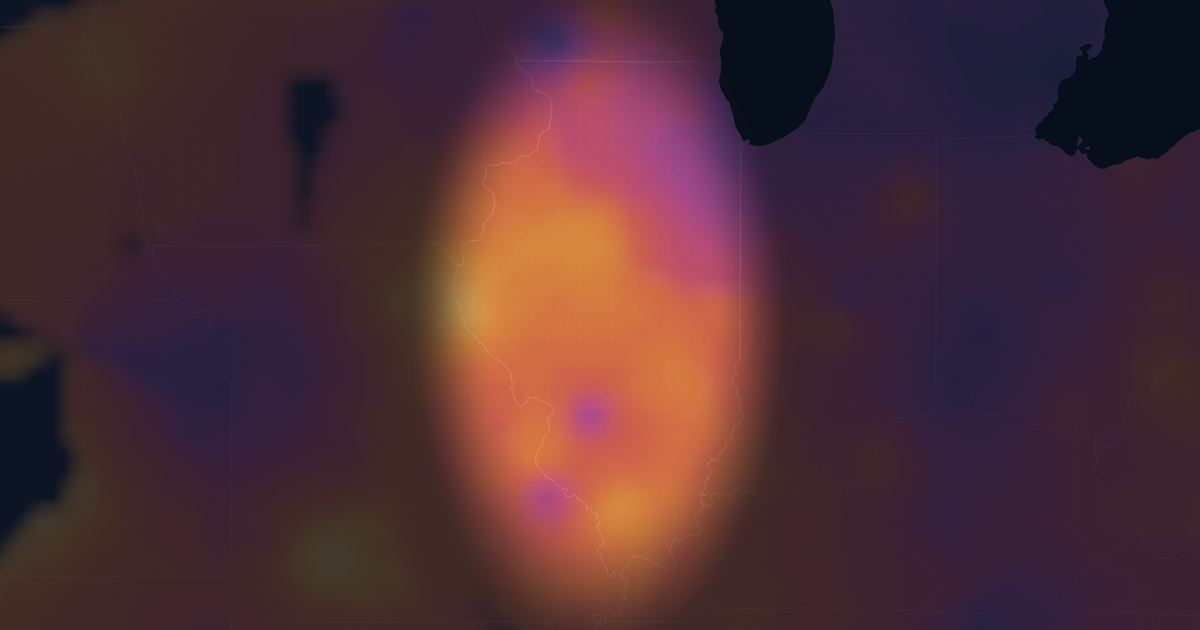 Heatmap of interpolated emergency medicine hourly pay across Illinois. Brighter areas indicate higher rates; unmapped areas have too few reports to show.