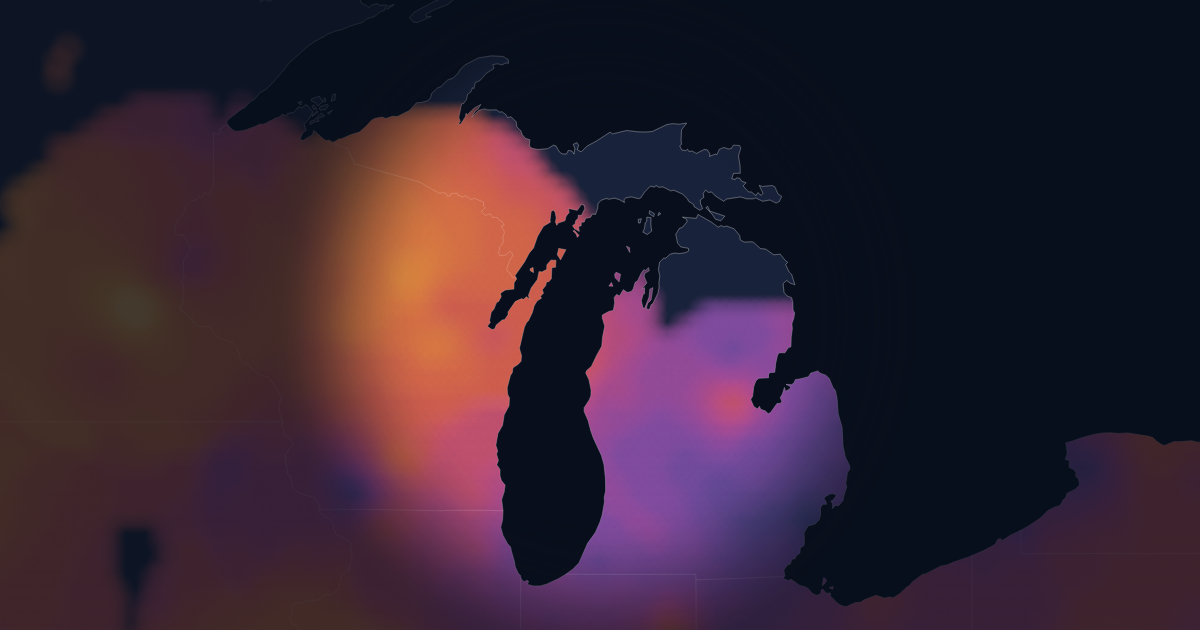 Heatmap of interpolated emergency medicine hourly pay across Michigan. Brighter areas indicate higher rates; unmapped areas have too few reports to show.
