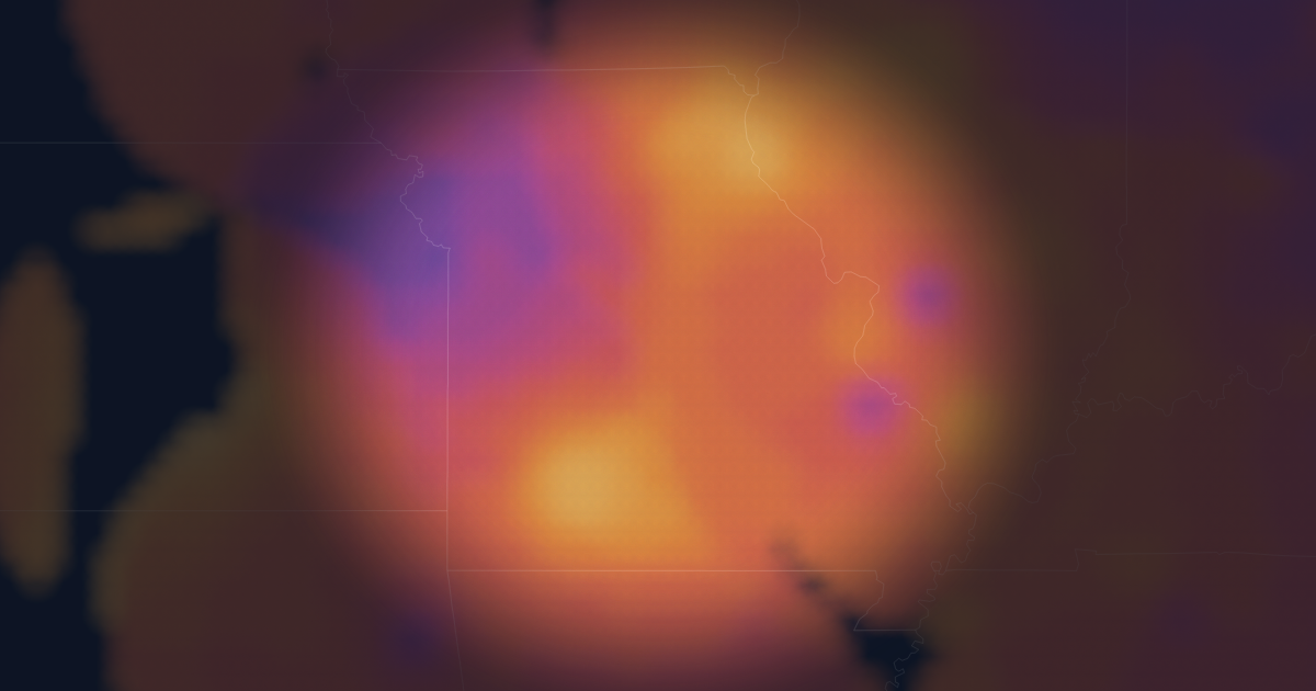 Heatmap of interpolated emergency medicine hourly pay across Missouri. Brighter areas indicate higher rates; unmapped areas have too few reports to show.