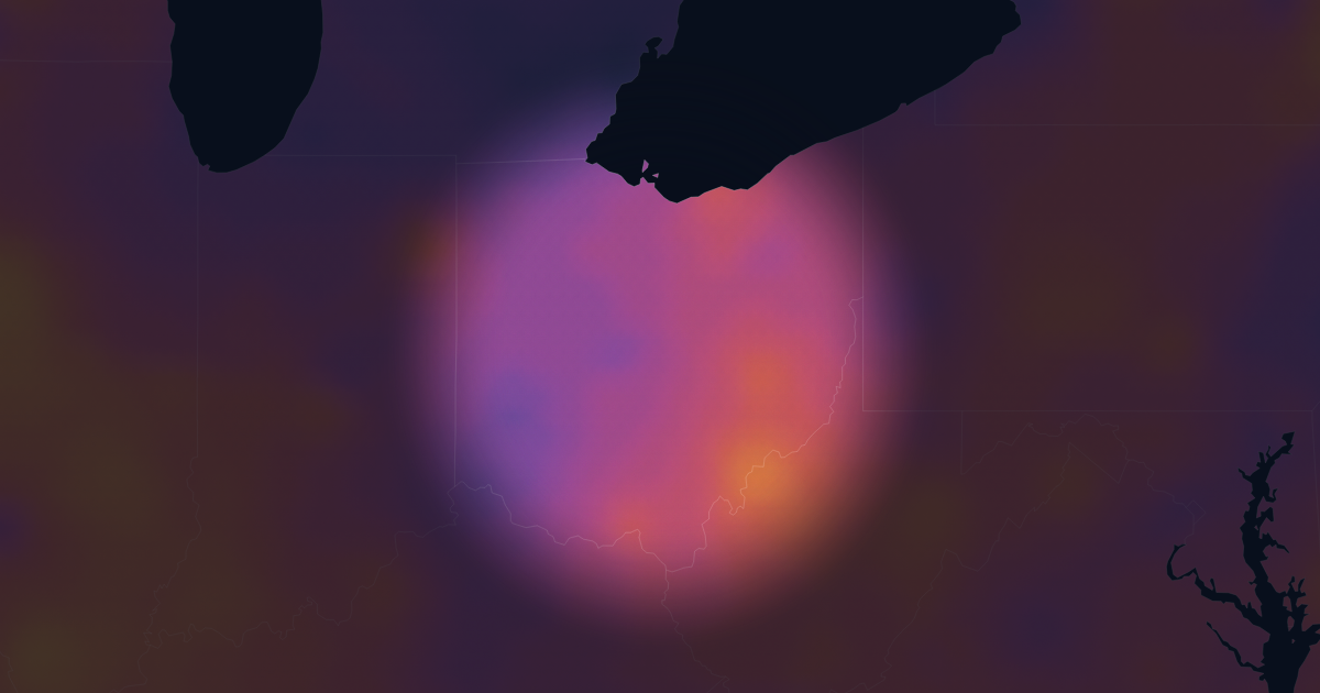 Heatmap of interpolated emergency medicine hourly pay across Ohio. Brighter areas indicate higher rates; unmapped areas have too few reports to show.