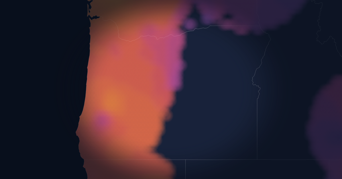 Heatmap of interpolated emergency medicine hourly pay across Oregon. Brighter areas indicate higher rates; unmapped areas have too few reports to show.